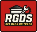 RGDS logo featuring a garage door icon, wrench, and gear, with the slogan “Get Back on Track” on a red background.