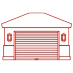 Red outline icon of a modern garage door on a building with two wall lanterns.