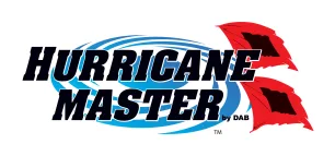 Hurricane Master by DAB logo featuring two red hurricane flags and blue swirl