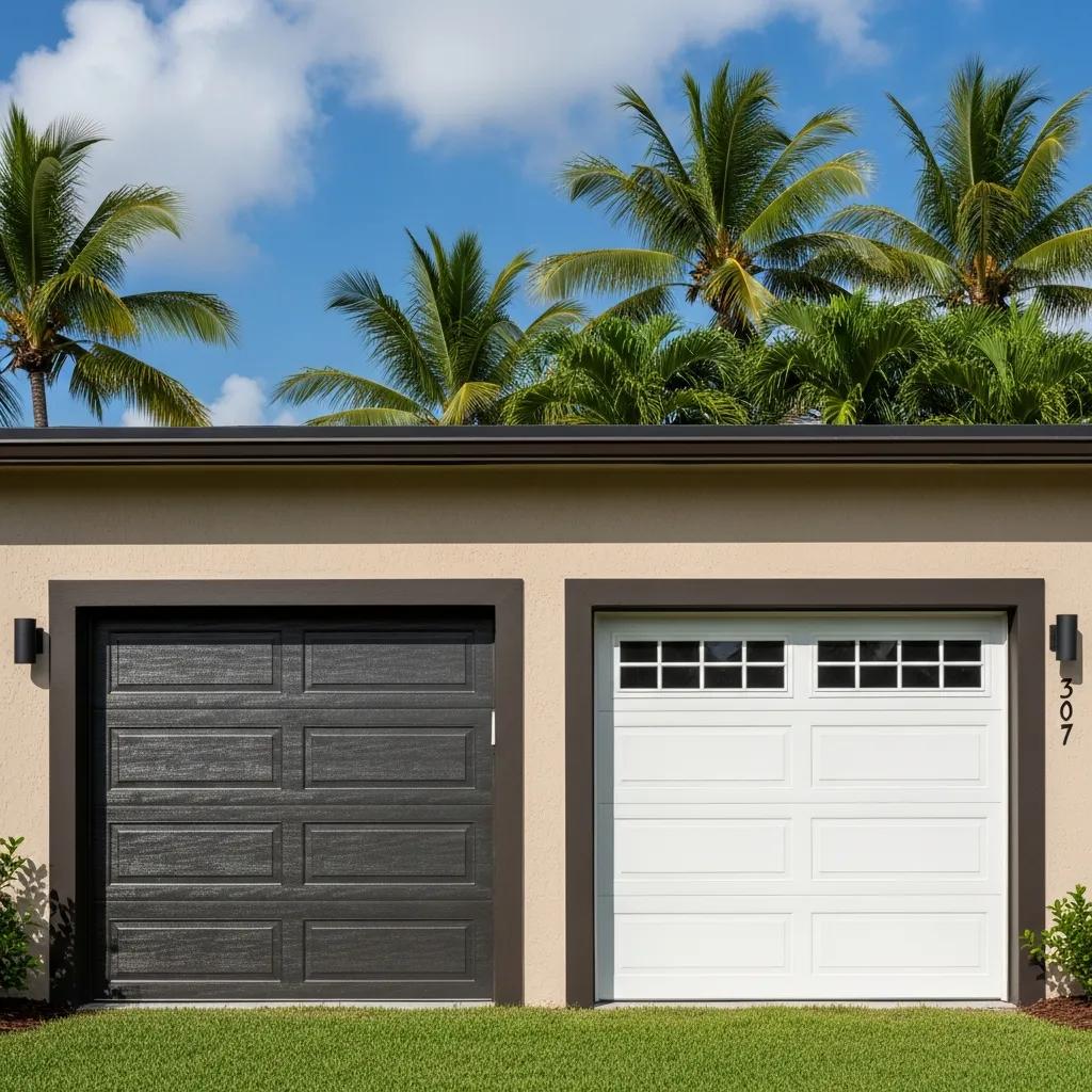 Comparison of steel and insulated garage doors in a sunny South Florida neighborhood