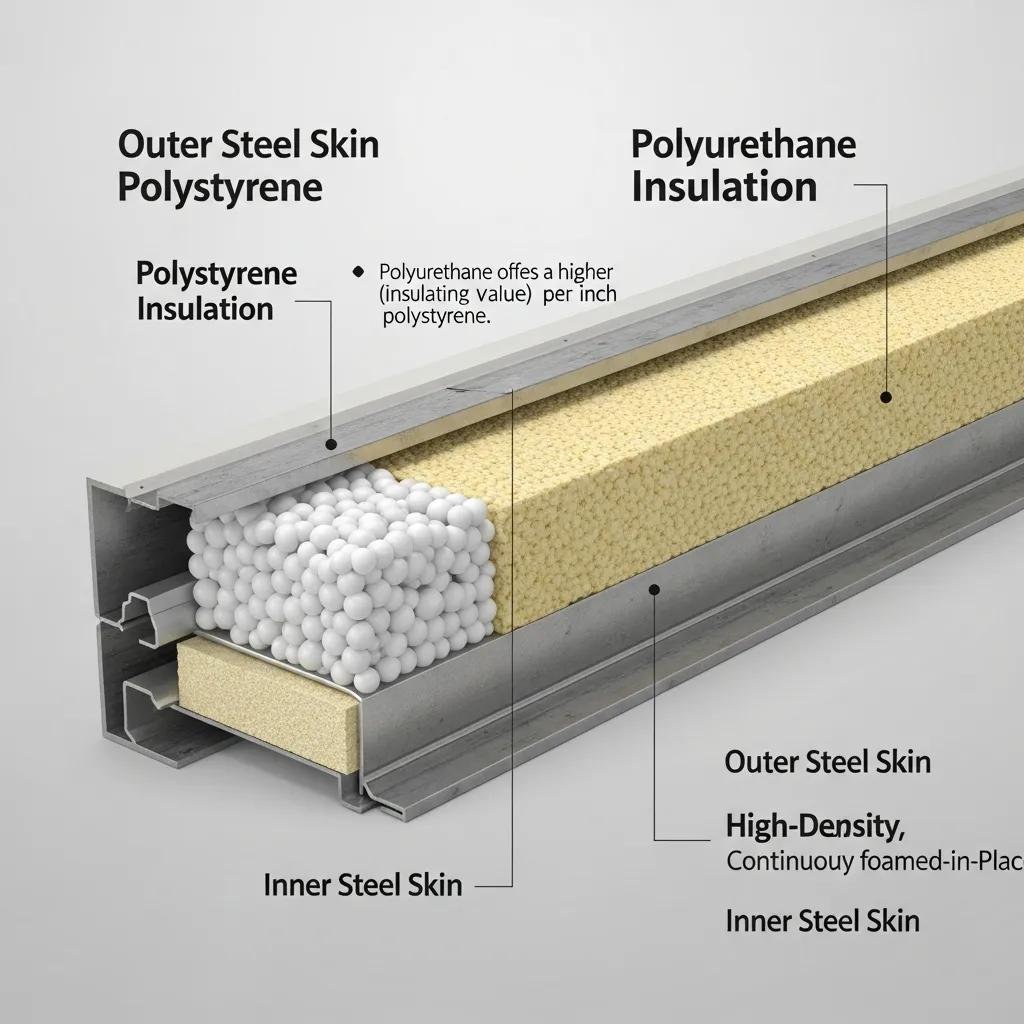 Cross-section of insulated garage door showing polystyrene and polyurethane insulation layers