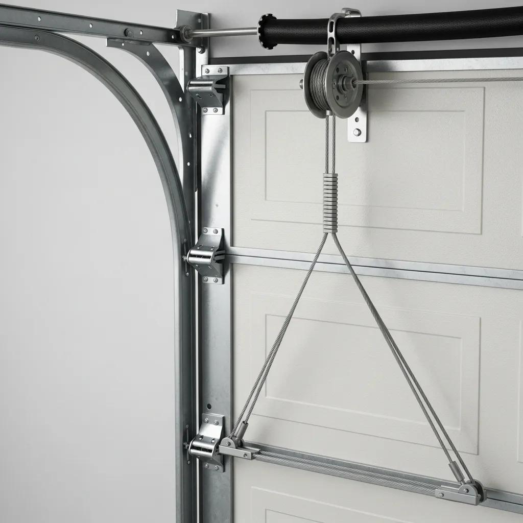 Garage door cables connecting to the torsion shaft, highlighting their critical role in door operation