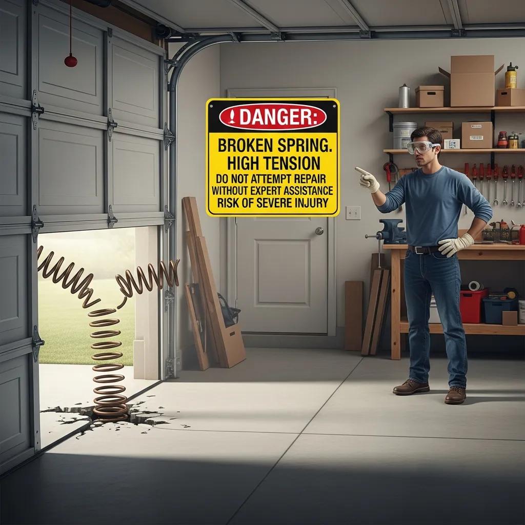 Illustration of safety risks with a broken garage door spring and a person in protective gear