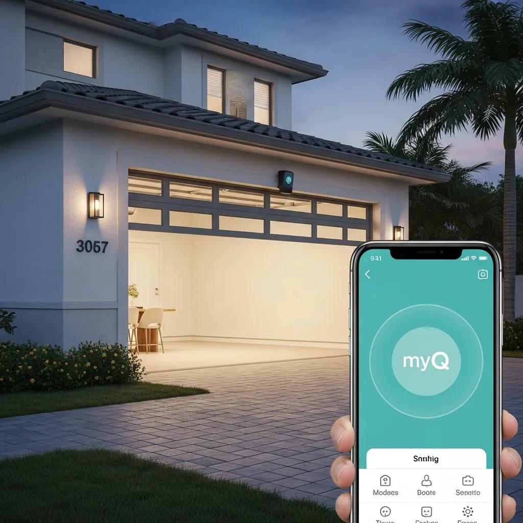 Modern smart garage door system with myQ app control in a Palm Beach County home