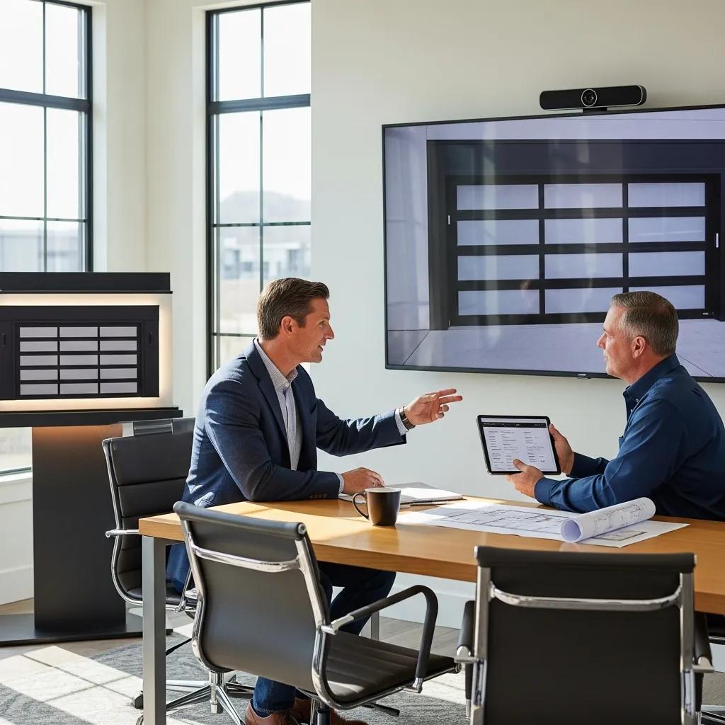 Property manager consulting with a garage door vendor in a professional office environment