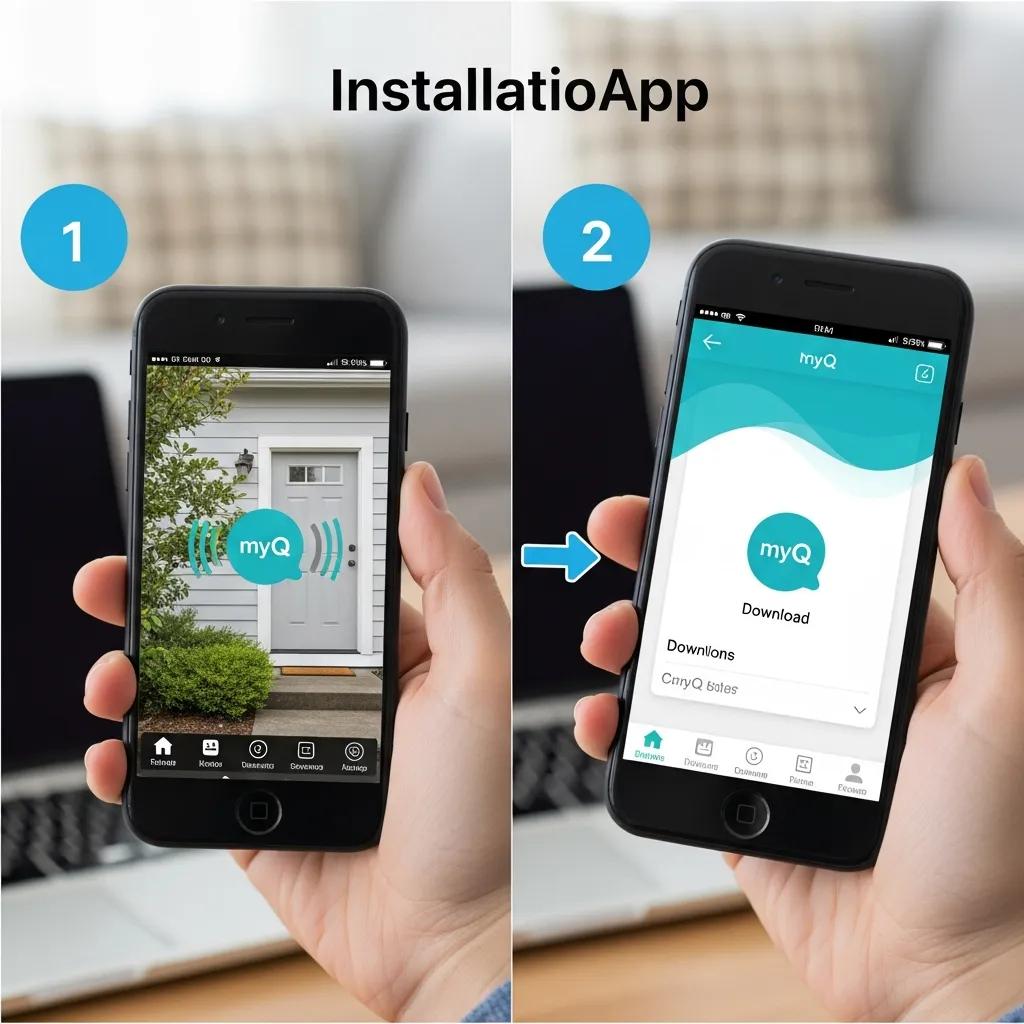Visual guide for installing the myQ app on a smartphone